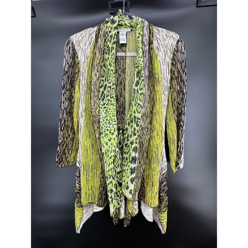 Alberto Makali Green Textured Open Front Cardigan Sz small Animal Print‎ Accent